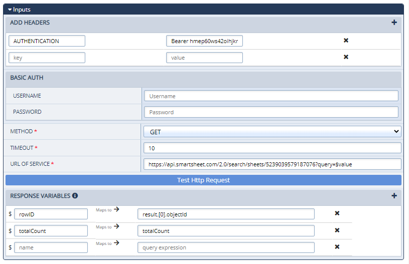 The Configurations Panel for the External Web Call action with sample values 